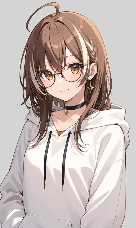 1girl, solo, ahoge, holding, brown hair, choker, virtual youtuber, earrings, long hair, jewelry, glasses, brown eyes, holding ey...