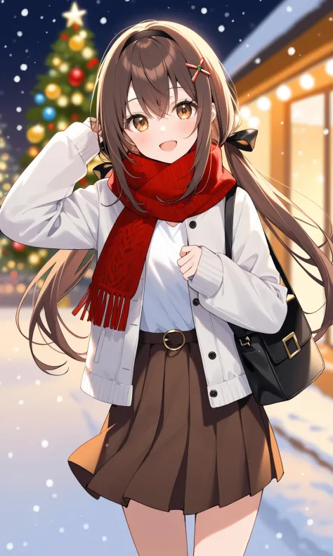 1girl,red scarf,solo,scarf,long hair,brown eyes,smile,skirt,long sleeves,brown hair,very long hair,hair ornament,hairband,:d,ban...