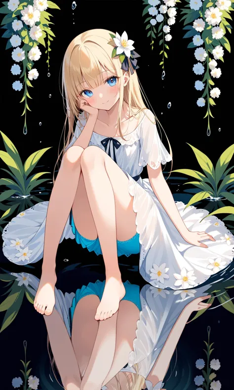 1girl,solo,flower,dress,sitting,barefoot,blonde hair,panties,long hair,looking at viewer,white dress,underwear,bangs,hair ornament,blush,feet,bare legs,toes,white flower,collarbone,water,hair flower,pantyshot,closed mouth,short sleeves,full body,blue eyes,blue panties,hand on own face,knees up,smile,print panties,knees together feet apart,legs,hand on own cheek,black background,reflection,plant,upskirt,