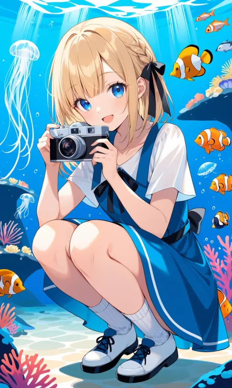 1girl,camera,penguin,open mouth,holding camera,smile,braid,hair ribbon,holding,bird,ribbon,dress,animal,shirt,short sleeves,hair ornament,blonde hair,:d,bangs,blue dress,squatting,fish,white shirt,solo,looking at viewer,black ribbon,collarbone,long hair,blue eyes,socks,hairclip,aquarium,shell,jellyfish,shoes,medium hair,clownfish,ribbon braid,outdoors,