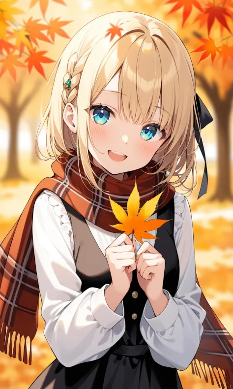 1girl,solo,maple leaf,autumn leaves,holding,smile,leaf,holding leaf,hair ribbon,looking at viewer,blurry,open mouth,bangs,shirt,...
