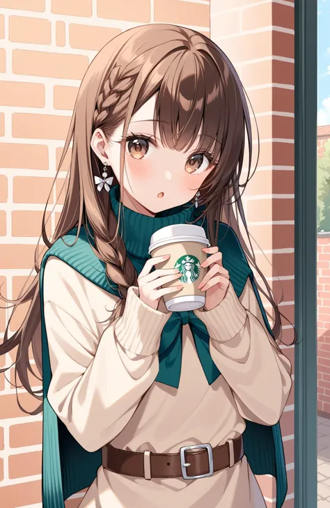 1girl, solo, holding, long hair, looking at viewer, cup, bangs, long sleeves, holding cup, brown eyes, brown hair, disposable cup, belt, earrings, blush, jewelry, braid, brick wall, outdoors, capelet, open mouth, :o, sweater, coffee cup, parted lips, bow, turtleneck, standing, sleeves past wrists, hands up, belt buckle, shiny hair