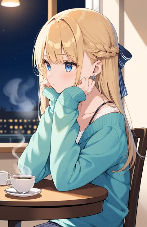 1girl, cup, solo, blonde hair, long hair, window, coffee, cafe, jewelry, earrings, blush, sitting, saucer, table, indoors, bangs, long sleeves, sleeves past wrists, blurry, teacup, collarbone, blue eyes, looking away, looking outside, sweater, hair bow, bow, depth of field, closed mouth, half updo, steam, bra strap, head rest, chair, upper body, ribbon, sidelocks, coffee mug, hair ribbon, from outside, hand on own chin, night, hand on own face, blurry foreground, mug, shirt