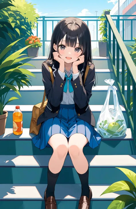 1girl, black hair, sitting, stairs, long hair, bag, solo, socks, skirt, shoes, food, smile, jacket, fruit, open mouth, looking at viewer, bottle, head rest, school uniform, brown footwear, outdoors, black eyes, bangs, black socks, loafers, railing, long sleeves, hands on own face, plant, blue skirt, hands on own cheeks, jacket on shoulders, shirt, blush, :d, plastic bag, shopping bag