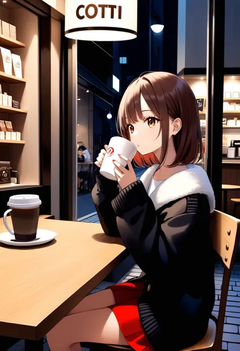 Rue de la mode à Tokyo, une belle fille , une tasse de café avec le logo «cotti»,   Elle est assise dans un café appelé « Cotti Coffee »