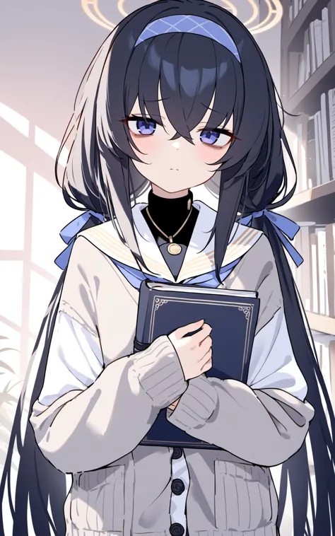 (masterpiece), (best quality), 1girl, ui (blue archive), solo, book, long hair, black hair, holding book, holding, hairband, bangs, bags under eyes, blue hairband, sailor collar, blush, long sleeves, looking at viewer, cardigan, closed mouth, white sailor collar, hair between eyes, school uniform, halo, upper body, serafuku, grey cardigan, very long hair, open book, blue eyes, purple eyes, shirt, crossed bangs, ribbon, black undershirt, twintails, bookshelf, brown cardigan, white serafuku