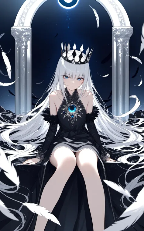 (((masterpiece))), best quality,  illustration, (beautiful detailed girl),  a girl , solo, bare shoulders, flat_chst, diamond and glaring eyes, beautiful detailed cold face, very long blue and sliver hair, floaing black feathers, wavy hair, black and white sleeves, gold and sliver fringes, a (blackhole) behind the girl, a silver triple crown inlaid with obsidian, (sit) on the black ((throne)),  (depth) of (field),