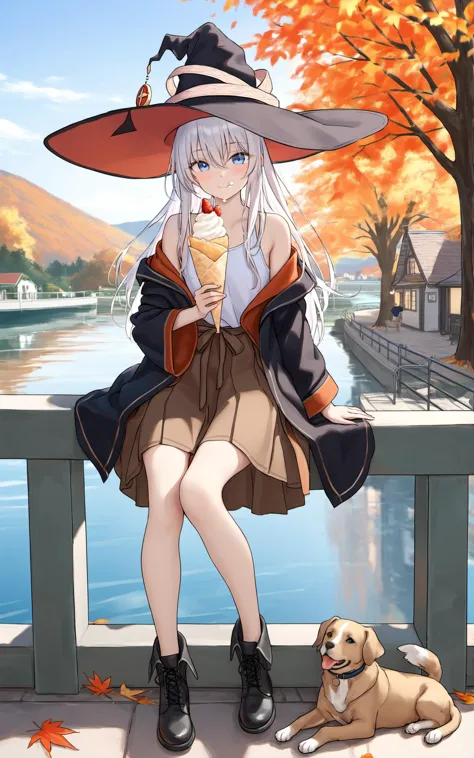 (masterpiece),(bestquality),artisté®æ-é¸çé»è½§å²åä¸­,crepe,1girl,elaina (majo no tabitabi),broom,hat,blue eyes,outdoors,witch hat,cream on face,long hair,skirt,food,food on face,black footwear,holding food,bangs,black headwear,holding,day,hair between eyes,shirt,bag,tree,sitting,cover image,dog,off shoulder,boots,looking at viewer,tongue out,solo,blush,tongue,long sleeves,railing,building,witch,black skirt,smile,black robe,eating,:q,robe,pointy footwear,ankle boots,white hair,open clothes,full body,autumn leaves,white shirt,wide sleeves,water,reflective water,fruit,bare shoulders,sleeveless shirt,holding broom,floating hair,closed mouth,brown skirt,two-sided fabric,reflection,cream,brown shirt,sky,blue sky,licking lips,leaf,