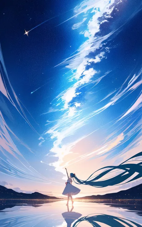 (masterpiece), (best quality),artist Archive, 1girl, hatsune miku, long hair, solo, very long hair, absurdly long hair, dress, twintails, white dress, sky, star (sky), arm up, standing, barefoot, wide shot, blue hair, starry sky, cloud, ribbon, reflection, profile, outstretched arm, scenery, bangs, closed eyes