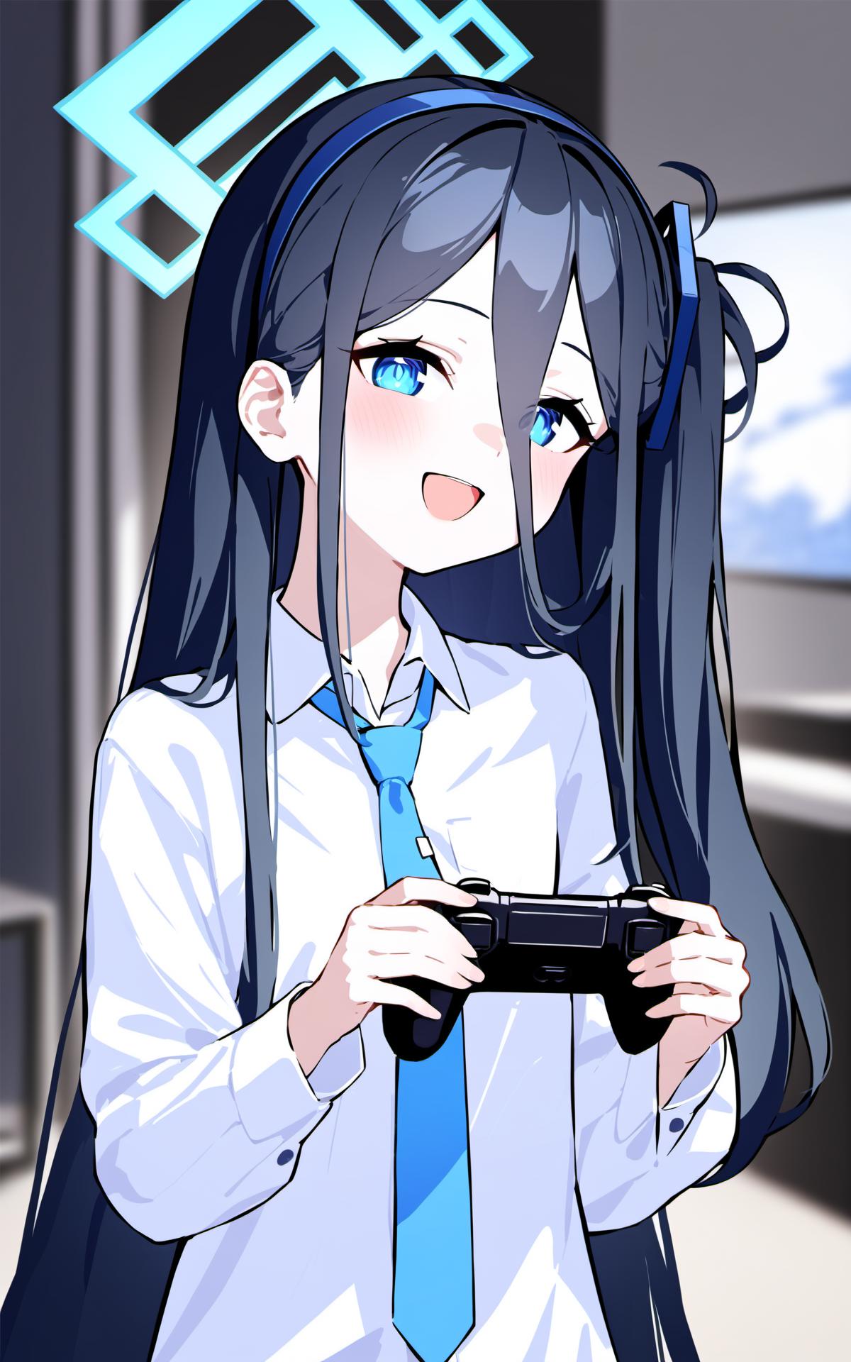 Anime girl with long black hair holding a video game controller - SeaArt AI