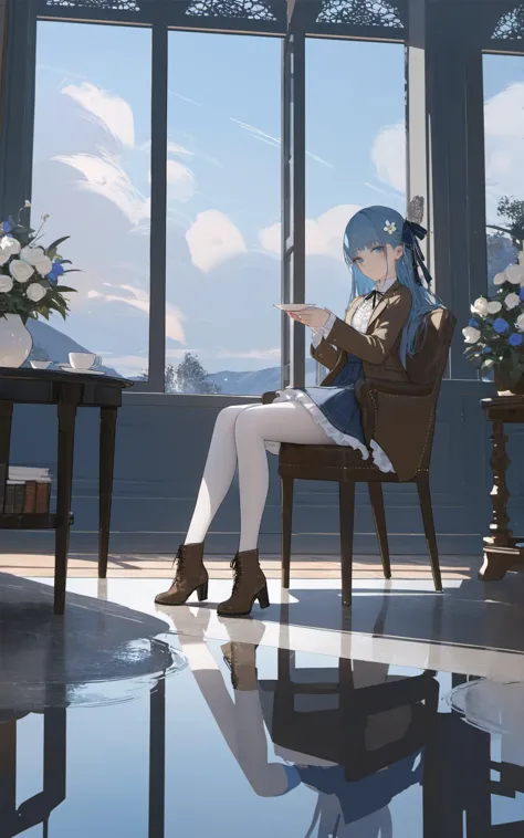 (masterpiece),(best quality),artist void0,1girl,sitting,cup,chair,boots,blue eyes,indoors,table,holding,brown footwear,teacup,bangs,solo,dress,scenery,flower,long sleeves,on chair,window,holding cup,wide shot,long hair,hair ornament,looking at viewer,white pantyhose,pantyhose,book,closed mouth,blue hair,potted plant,plant,saucer,ribbon,sky,frills,hair ribbon,skirt,blunt bangs,reflection,cloud,reflective floor,jacket,