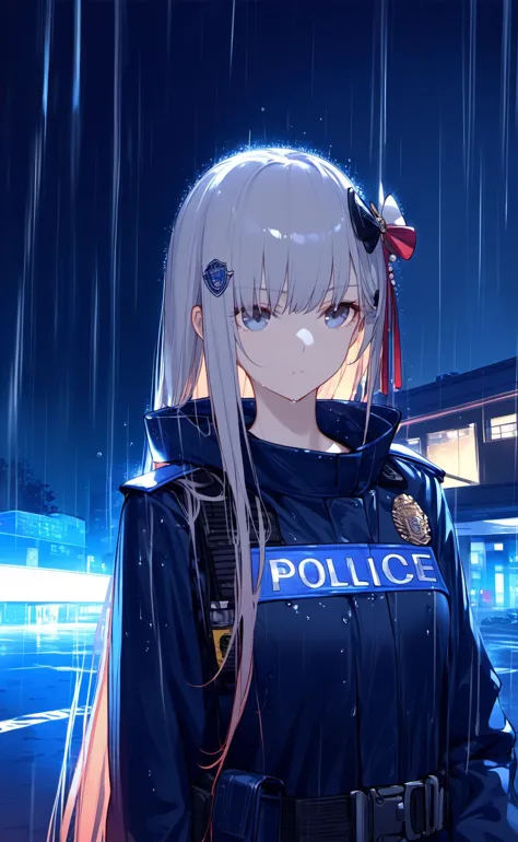 a girls,(very long hair:1.2),(Hair accessories:1.3),black clothes,(tactic police uniform:1.3),Expressionless,police insignia,epaulet,wet,loll,
Red and blue lights,The burning vehicle is behind,Background of Modern Architecture,a heavy rain,Passersby wearing raincoats,Alarm,fire,Water droplet,upper body,from side,wind,
extremely detailed CG unity 8k wallpaper, masterpiece,