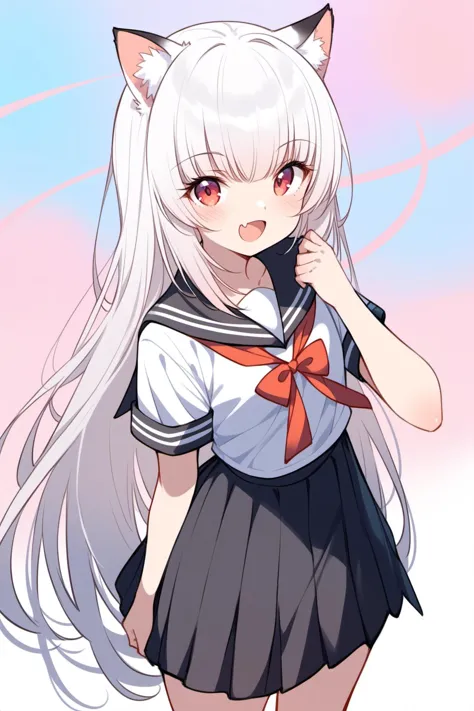 anime girl with long white hair and a cat ears