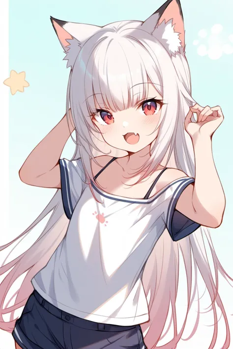 ultra-detailed,(best quality),((masterpiece)),(highres),original,extremely detailed 8K wallpaper,(an extremely delicate and beautiful), anime, \\, BREAK 1girl, long hair, white hair, virtual youtuber, open mouth, cat ears, fang, short sleeves, smile, blush, camisole, shorts, solo, bangs, very long hair, shirt, looking at viewer, :d, skin fang, ribbon, red eyes, simple background, serafuku, young girl, ((petite))