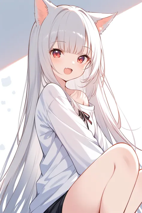 ultra-detailed,(best quality),((masterpiece)),(highres),original,extremely detailed 8K wallpaper,(an extremely delicate and beautiful), anime, \\, BREAK 1girl, long hair, white hair, virtual youtuber, open mouth, cat ears, fang, smile, blush, white shirt, shorts, solo, bangs, very long hair, looking at viewer, :d, skin fang, ribbon, red eyes, simple background, ((young teenage girl)), ((petite))