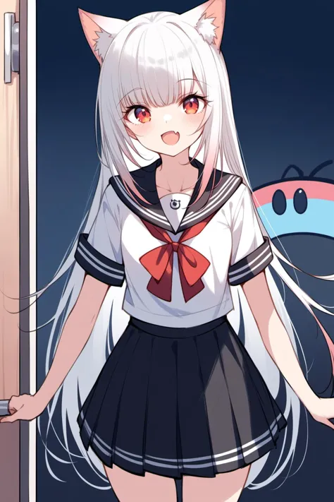 anime girl with white hair and a cat ears in a school uniform