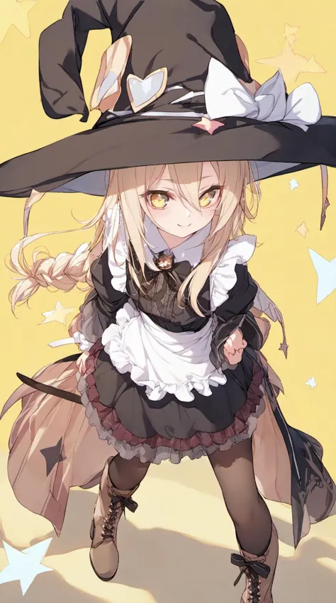 masterpiece,best quality,masterpiece,best quality,masterpiece,hyper extreme detailed,beautiful detailed eyes,artist ke-ta:0.9,1girl,apron,black dress,black headwear,blonde hair,boots,bow,braid,brown footwear,closed mouth,dress,frilled apron,frilled dress,frilled sleeves,frills,full body,hair between eyes,hat,hat bow,knee boots,layered sleeves,long hair,long sleeves,short over long sleeves,short sleeves,simple background,single braid,smile,solo,star \(symbol\),waist apron,white apron,white bow,witch hat,yellow background,yellow eyes,kirisame marisa,<lora:EularA:1>,artist è»pote,black pantyhose,