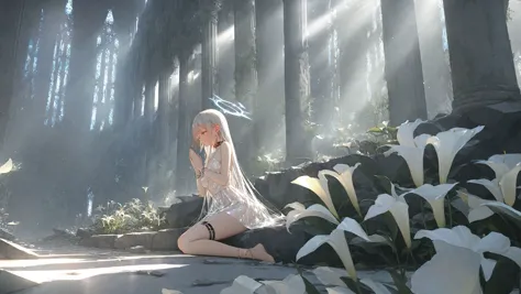 anime girl sitting on the ground in a forest with flowers