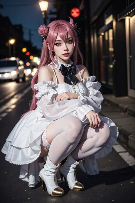 best quality, masterpiece, realistic, photorealistic, 1girl, solo, looking at viewer, full body, squatting, dorothy costplay costume, cosplay, hair bun, white dress, detached sleeves, white thighhighs, high heel boots, detailed background, in street, night, <lora:nikke_dorothy_cosplay_costume_v1:0.65>,