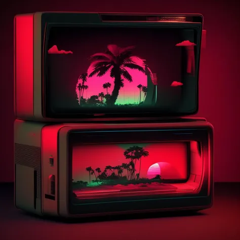 two televisions with a sunset on them sitting on top of each other