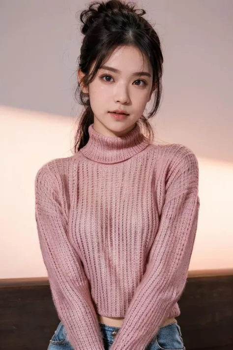 (best quality, lifelike), loose close-up shot, upper body, raw photo of a skinny woman posing in the middle of an empty room and wearing a pink knit sweater, turtleneck, <lora:mao_imazumi:0.8> photostudio, dim lighting, <lora:picxer_real:0.7> <lora:BlackBackground_1.0:0.75> black background,