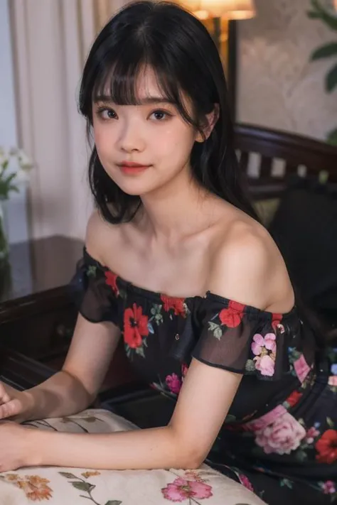 (best quality, lifelike), loose close-up shot, upper body, raw photo of a skinny woman posing, off shoulder, floral print, black dress, <lora:mao_imazumi:0.8> blunt bangs, long hair, dim lighting, <lora:picxer_real:0.7> <lora:epicwang_lora:0.75>