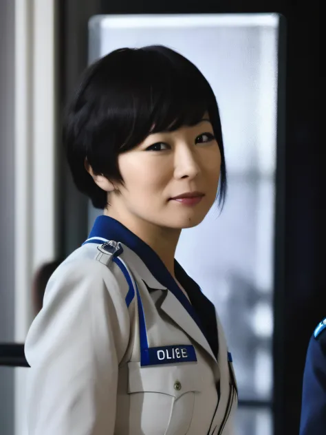 sheena ringo,black hair,short hair,police_uniform,looking at viewer,upper_body,detailed,realistic,<lora:RingoSheena:1>,