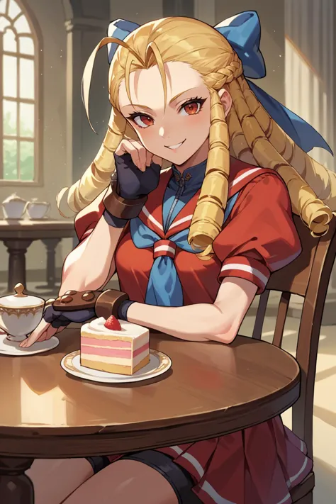 anime girl sitting at a table with a piece of cake