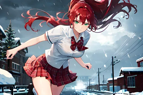 Suzy Cogsworth(long flowing red hair in a long ponytail, green eyes) wearing a school uniform(red plaid mini skirt, white button...