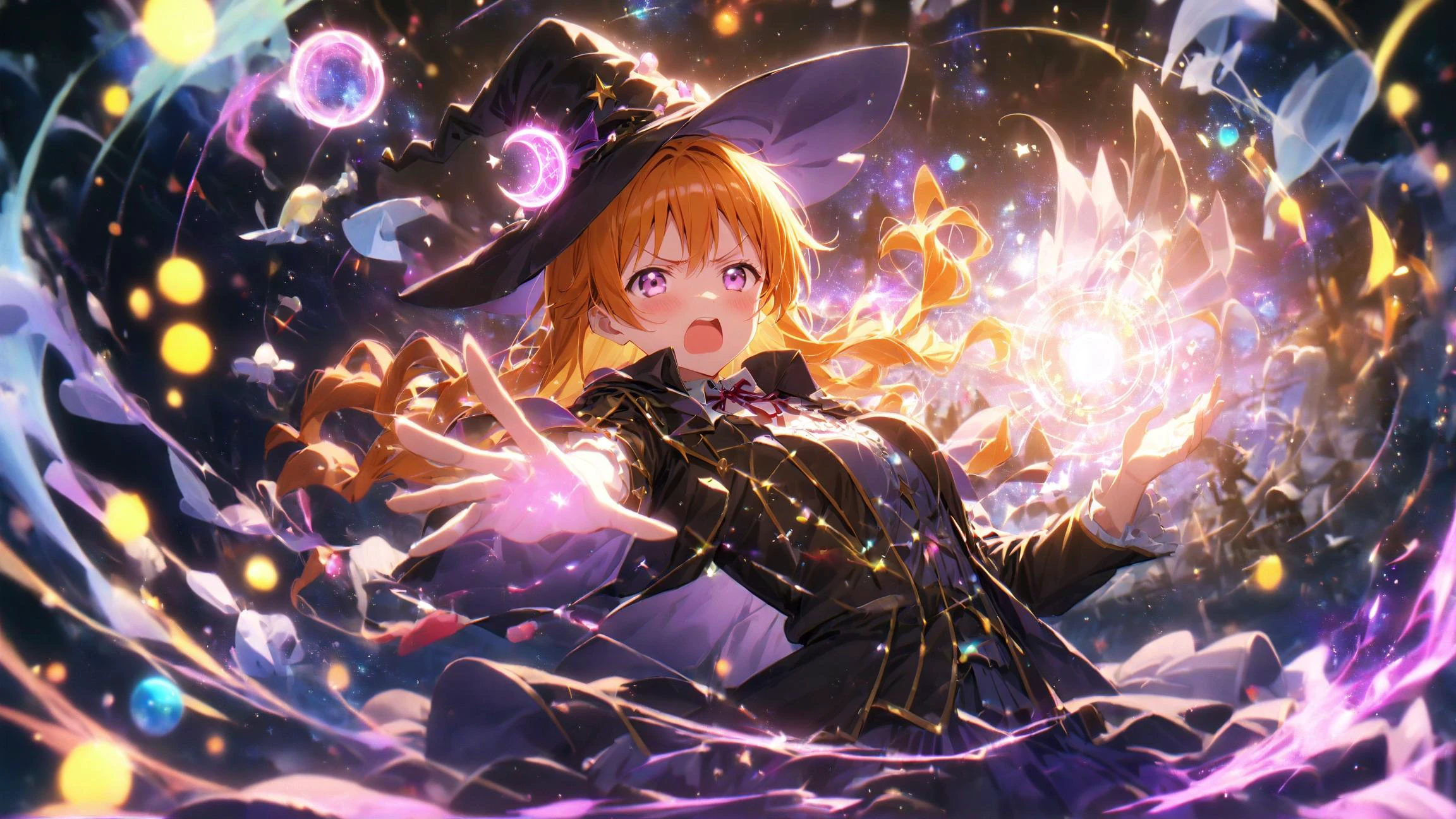 1girl, konoe kanata, love live! nijigasaki high school idol club, bangs, shouting, angry, dynamic pose, casting spell using onehands, magical circle on hands, BREAK witch hat, witch costume, dark purple dress, flying on sky, magic energy, crescent, cute lamb, big purple energy, magical, cinematic angle, starry sky, nebula, (golden ratio:1.2), (black vignette:1.5), (glowing:1.2), BREAK PEAnimeBG, Background, anime, scenery, glowneon, masterpiece, best quality, aesthetic, depth of field, (blurry background:1.3),