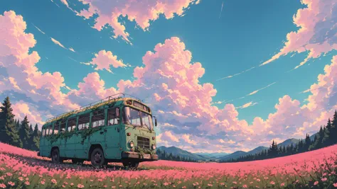 from below, anime still, wide angle panoramic landscape, a vast infinite meadow, powerfull clouds (vaporwave aesthetic:1.2) <lor...