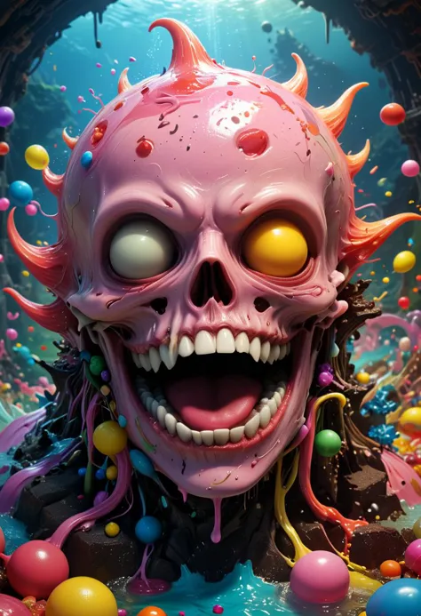 a close up of a pink skull with lots of candy in it