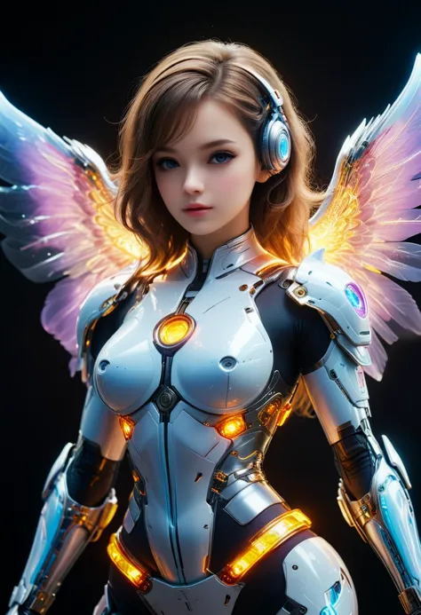 a woman in a futuristic suit with wings and headphones