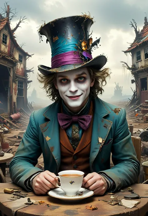 arafed image of a man dressed as a mad hat and holding a cup