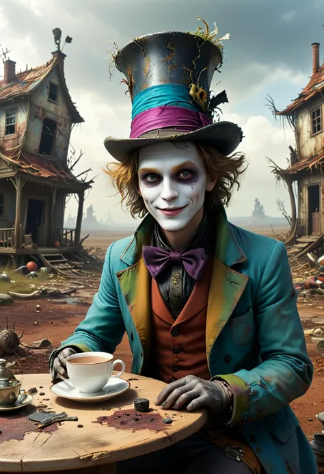 In this scene, the Mad Hatter from "Alice in Wonderland" is depicted in a state of disarray. His colorful, mismatched attire is tattered and dirty, and his iconic hat is worn and frayed. He sits at a table set for a tea party, but the cups and saucers are cracked and chipped, and the teapot is rusted and dented. The background shows a post-apocalyptic landscape, with crumbling buildings and twisted, dead trees. The sky is a dull, ashen color, with no sign of life or hope. Despite the bleakness of his surroundings, the Mad Hatter wears a wistful smile, as if reminiscing about better days long gone