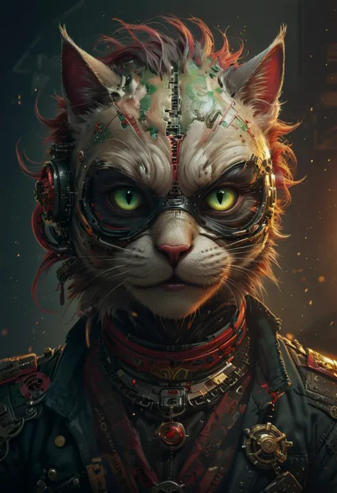 logo, vector, black, red, green, (TEXT: "ZIGGART"), mystic fantasy cyberpunk steampunk cat, detailed.