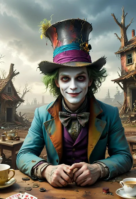 arafed image of a man dressed as a joker sitting at a table