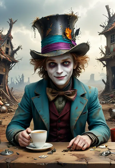 arafed image of a man with a top hat and a cup of coffee