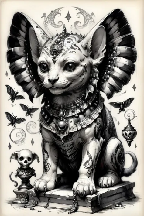 best quality, masterpiece, cute sphinx with riddling smile, intricate details, whimsical, magical<lora:dansemacabre:0.9> dansemacabre, black and white, sketch