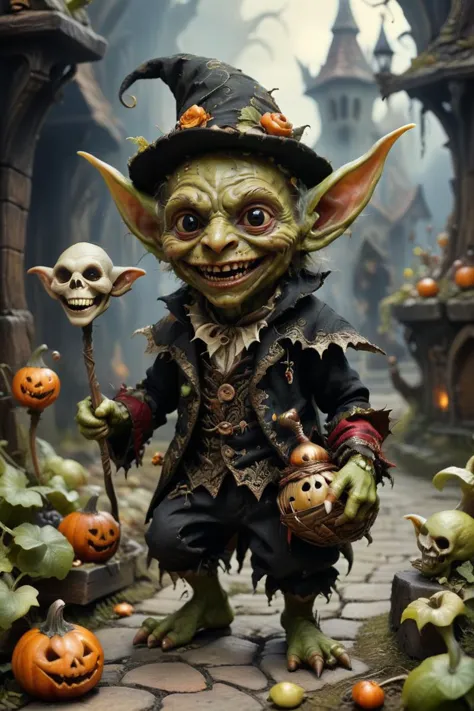 best quality, masterpiece, photography of a cute goblin with trickster's grin, intricate details, whimsical, magical<lora:dansemacabre:0.8> dansemacabre