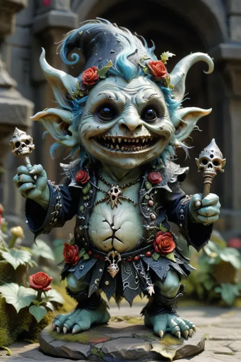 a close up of a statue of a troll with a knife and roses