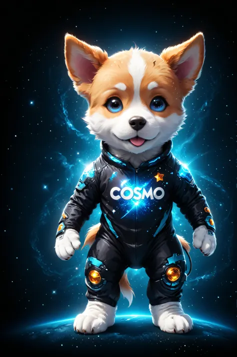 Cute dog| cartoon dog character in cosmic suit for t-shirt design, white and blue colored, clean and black background, V-ray, transparant, text logo Cosmo, <lora:Harrlogos_v1.1:1>