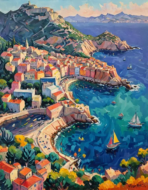 painting of a view of a town on the coast with boats