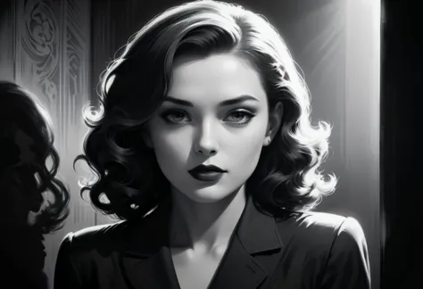 Film noir style linquivera kylin, bold lines, hyper detailed, a dark warm limited palette, chiaroscuro, liiv1, . Monochrome, high contrast, dramatic shadows, 1940s style, mysterious, cinematic