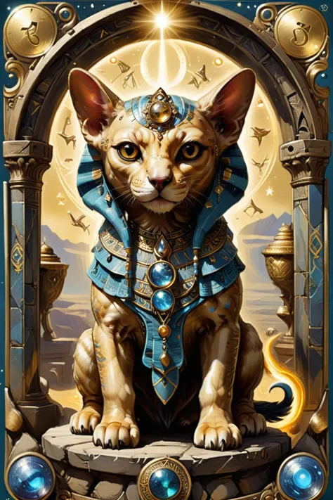 best quality, masterpiece, cute sphinx with riddling voice, intricate details, whimsical, magical Tarot Card Style