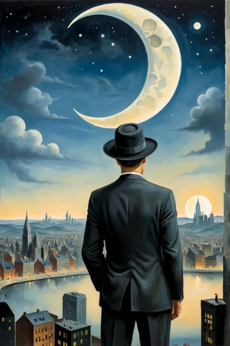 painting of a man in a suit and hat looking at a city