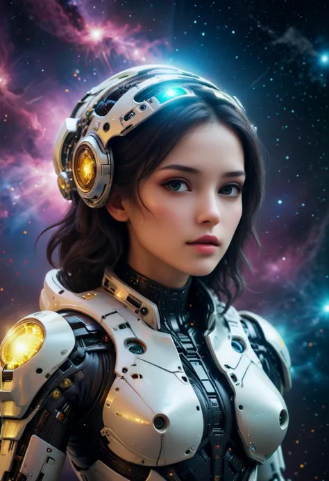 an award winning photograph of a beautiful woman, halo, intricate cyberpunk robot, highly detailed, soft bokeh Deep space nebula background, art by mooncryptowow and popular science
