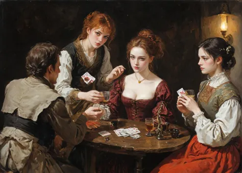 a painting of three women playing cards at a table