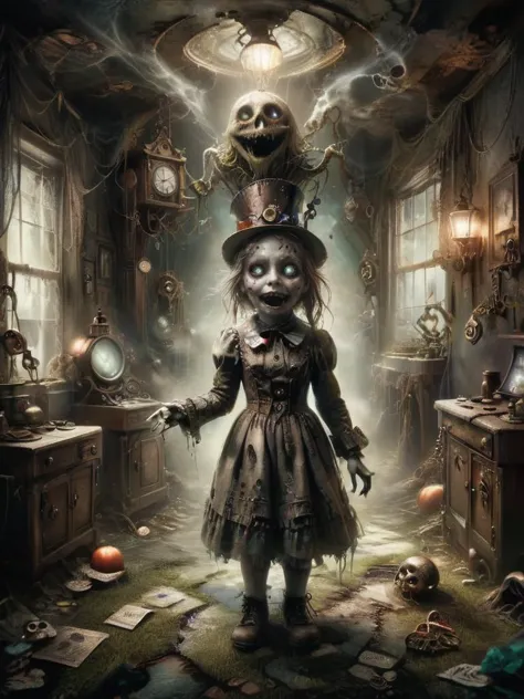 a creepy looking girl in a hat and dress standing in a room with lots of objects