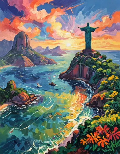 a painting of a statue on a rocky cliff overlooking the ocean